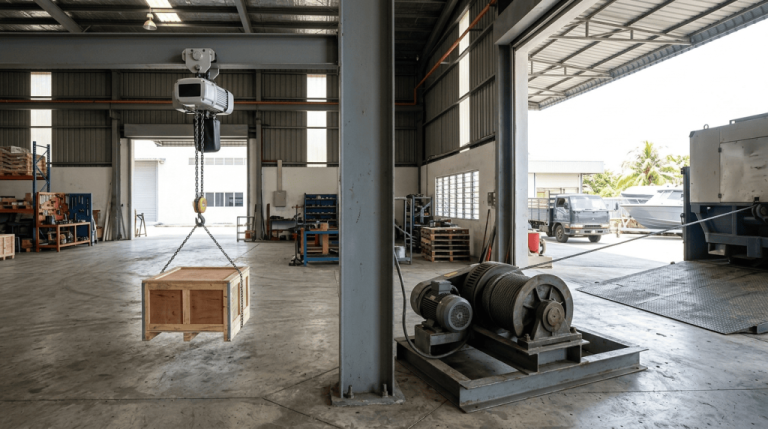 An industrial warehouse with an overhead hoist lifting a crate and a winch pulling heavy machinery.
