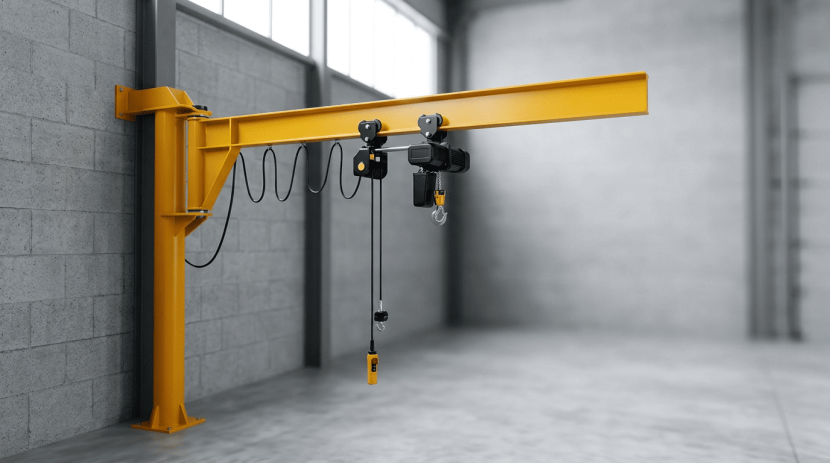 A wall-mounted yellow jib crane with an electric hoist and pendant control in an industrial setting.