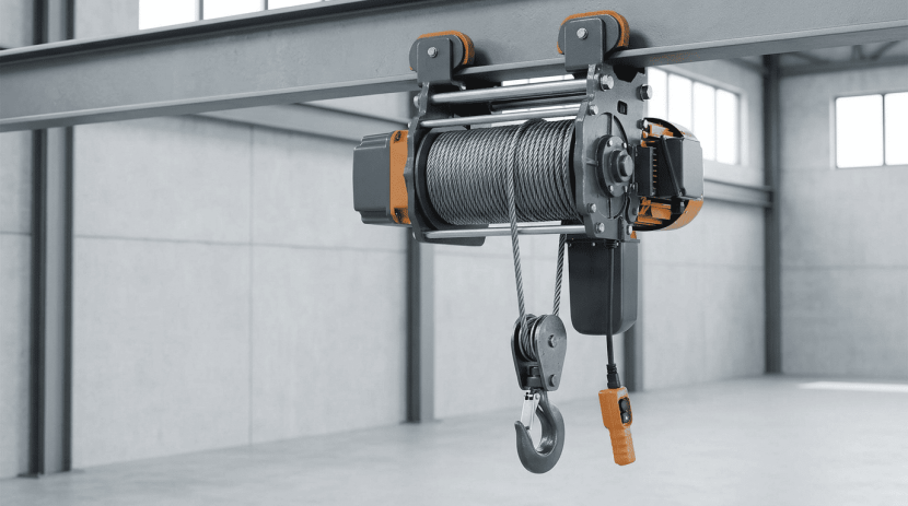 An industrial electric wire rope hoist mounted in a factory setting.